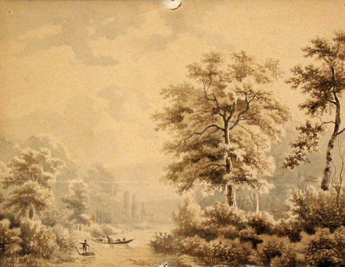 Landschap met rivier en kleine bootjes